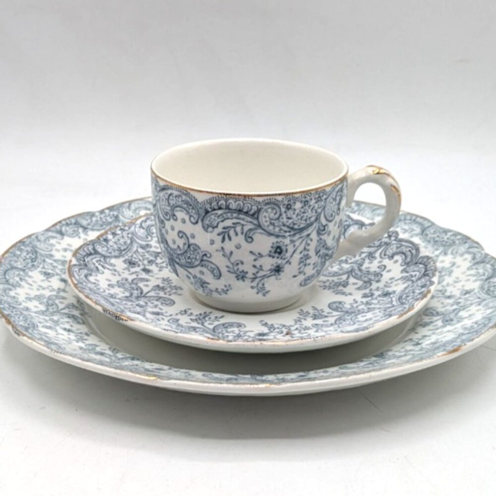 Vtg John Maddock & Sons Flat Demitasse Cup Saucer Bread Plate Set Seville Blue